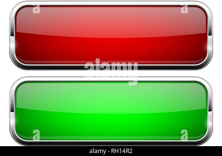 Red and green glass buttons. Shiny rectangle 3d web icons Stock Vector