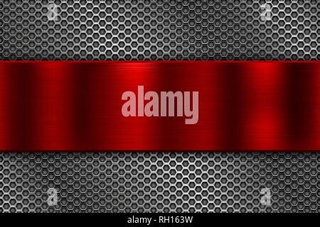 Metal perforated background with red plate Stock Vector