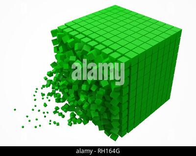 dissolving data block. made with smaller green cubes. 3d pixel style vector illustration. Stock Vector