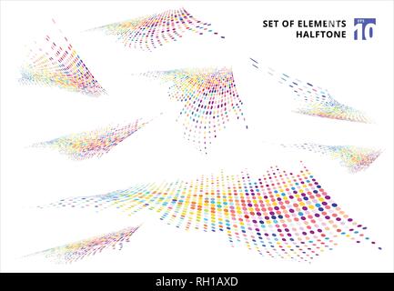 Set of abstract colorful halftone texture distortion wave dots pattern perspective isolated on white background. vector illustration Stock Vector