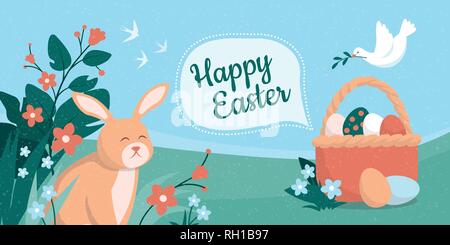 Colorful Easter card with bunny, basket with eggs and dove Stock Vector