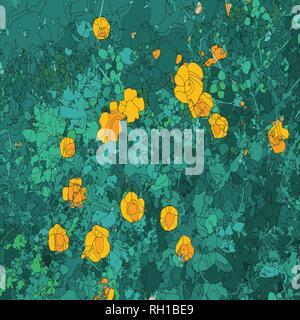 orange yellow flower blossoms in green grass and leafs, plain color sketch, vector illustration Stock Vector