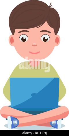 Boy sits and plays on the laptop Stock Vector