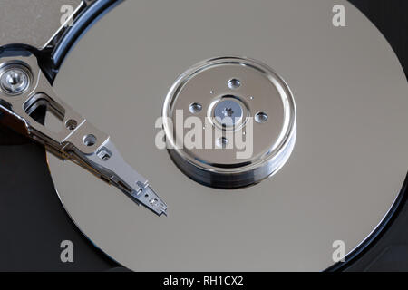 Closeup of an open open computer hard drive. Data safety concept. Studio Shot Stock Photo