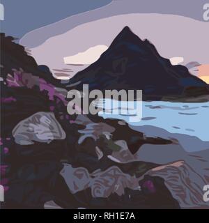 alpine landscape with lake, plain color sketch, vector illustration Stock Vector