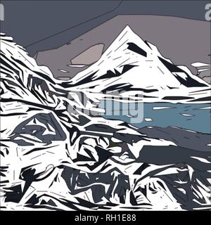 alpine snow landscape, plain color sketch, vector illustration Stock Vector