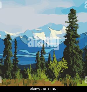 alpine landscape with forest, plain color sketch, vector illustration Stock Vector