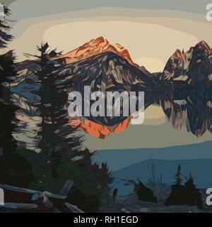alpine landscape with sunset, plain color sketch, vector illustration Stock Vector