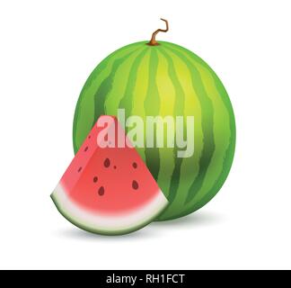 Whole beautiful Watermelon with a slice section of ripe fruit - Great vector icon of tasty fruit isolated on white. Stock Vector