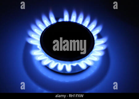Burning gas on stove burner. Blue flame in darkness, household gas Stock Photo
