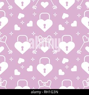 Seamless pattern with hearts, lock, keys in heart shape. Greeting card happy Valentine's Day. Romantic background. Design for banner, poster or print. Stock Vector