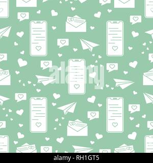 Seamless pattern with paper airplane, envelope, smartphone, sms, hearts. Birthday, Valentine's day, Mother's Day, Father's day, wedding vector romanti Stock Vector