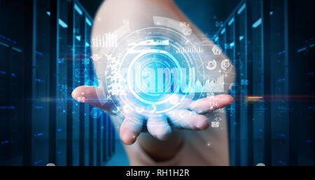 Woman holding hologram projection displaying biometric security concept  Stock Photo