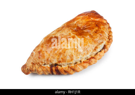 Studio shot of a homemade traditional Cornish pasty cut out against a white background - John Gollop Stock Photo