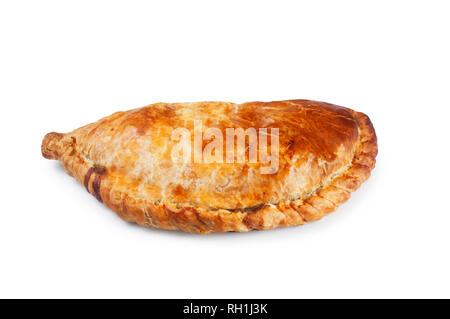 Studio shot of a homemade traditional Cornish pasty cut out against a white background - John Gollop Stock Photo