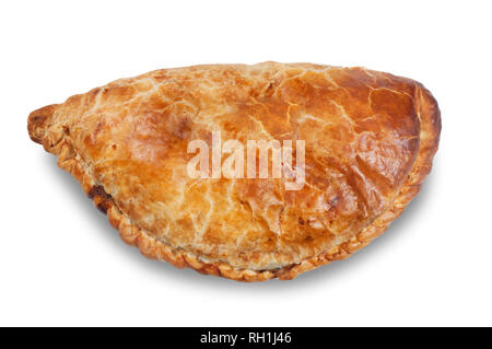 Studio shot of a homemade traditional Cornish pasty cut out against a white background - John Gollop Stock Photo