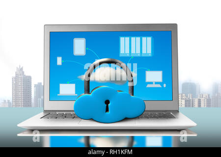 Cloud shape lock on notebook with device drawings in screen Stock Photo