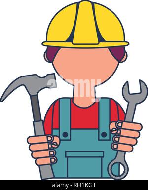 man builder with hammer and wrench key tool Stock Vector