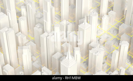 Abstract glowing digital city skyscrapers. 3D Rendering Stock Photo