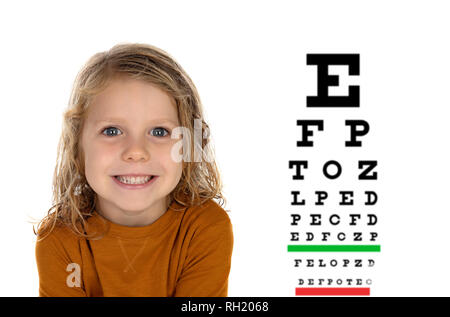 Child with a vision exam chart isolated on a white background Stock Photo