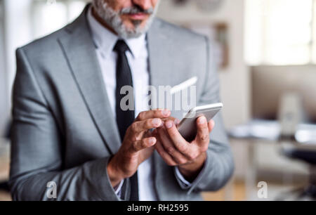 A midsection of businessman standing in an office, using smartphone. Stock Photo