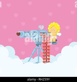 Cupid aiming a heavy machine gun with heart shaped arrow bullets on cloud with hearts background in flat cartoon style Stock Vector