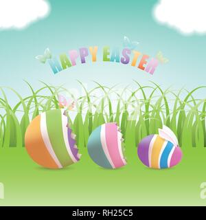 Colorful Easter egg with bunny inside cracked eggs with butterflies in green grass field and blue sky with clouds Stock Vector