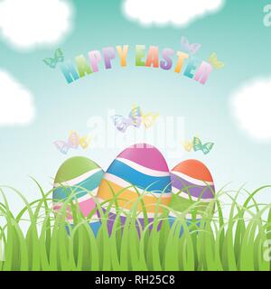 Colorful Easter eggs hiding in green grass field with flying butterflies, blue sky and clouds Stock Vector