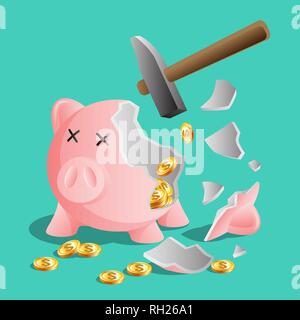Broken pink piggy bank by hammer, bright gold coins Stock Vector