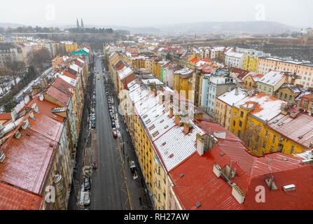 View of Prague streets and Vysehrad hill in Praha 2 district from Nusle bridge in winter, Czech republic Stock Photo