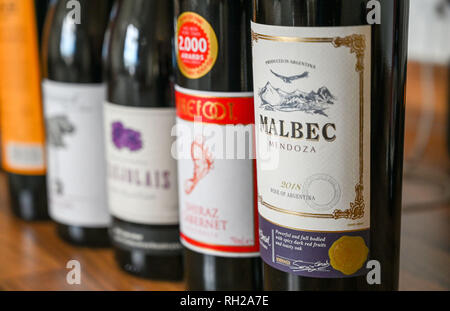 Various bottles of red wine including a Mendoza Malbec from Argentina Stock Photo