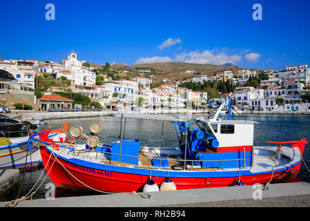 Batsi, Island of Andros, Cyclades, Greece - Colourful fishing boats in the harbour of Batsi, the holiday resort of the Greek island of Andros.  Batsi, Stock Photo