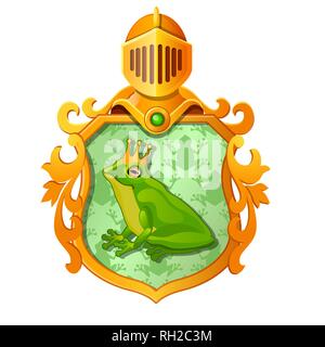 Golden ornate coat of arms or emblem with the image of a green frog in the royal crown isolated on white background. Vector cartoon close-up Stock Vector