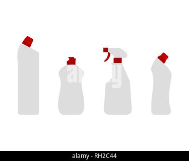Set of four cleaning products without labels. Different kinds of house cleaners. Detergent bottles or containers. Isolated on white background. Vector Stock Vector