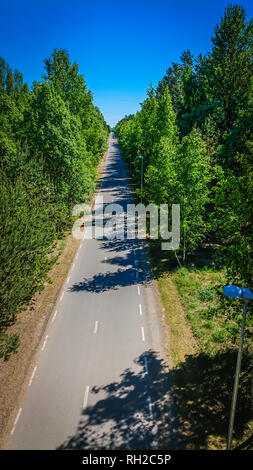 Aerial view of bicycle lane through forest Stock Photo