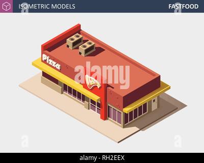 Vector Isometric Fast Food or Pizzerie Building with Sale Sign Board. Stock Vector
