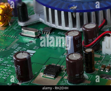 Detail of the circuits, cables and boards inside a cpu from a pc computer. Stock Photo