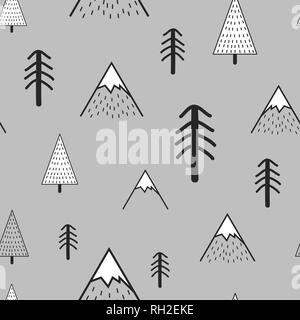 Cute hand drawn seamless pattern with trees and mountains. Creative scandinavian woodland background. Forest. Stylish sketch. Vector illustration. Stock Vector