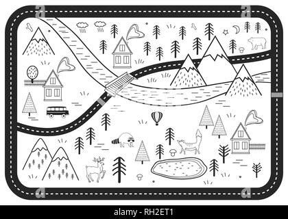 Black and White Kids Road Play Mat. Vector River, Mountains and Woods Adventure Map with Houses and Animals. Scandinavian Style Art Print. Stock Vector