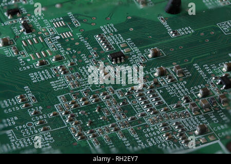 Detail of the circuits, cables and boards inside a cpu from a pc computer. Stock Photo