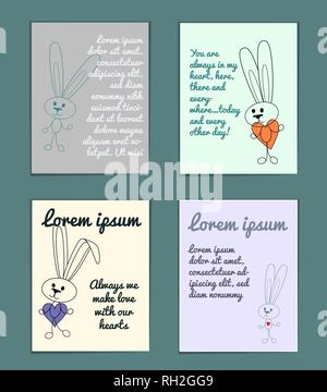 Delicate set of cards with cartoon outline rabbits for poster. With holiday greetings. Pastel colors with space for text. Cute rabbit silhouette with  Stock Vector
