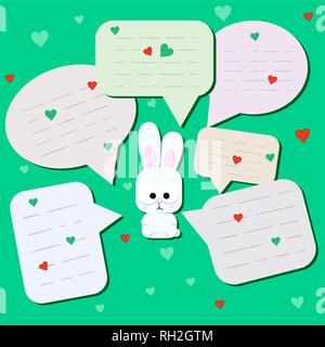 Funny little hare with big eyes. Surprised Rabbit with chat cloud or with spoken bubbles. Little rabbit on mint background. Message from Cute Wild Stock Vector