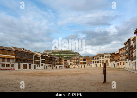 PeÃ±afiel, Valladolid, Spain; April 2015: view of  PeÃ±afiel castle and medieval bullfighting ring in the province of Valladolid Stock Photo