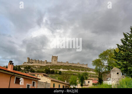 Peñafiel, Valladolid, Spain; April 2015: view of the Peñafiel castle on top of the hill on the Ribera del  Duero in province of Valladolid Stock Photo