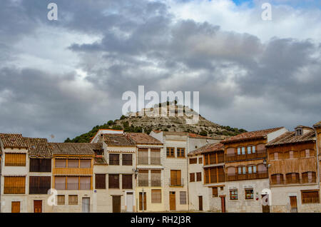 Peñafiel, Valladolid, Spain; April 2015: view of  Medieval houses in the Plaza del Coso, bullfighting ring in the province of Valladolid Stock Photo