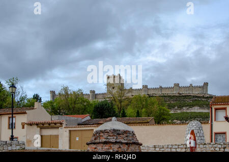 Peñafiel, Valladolid, Spain; April 2015: view of the Peñafiel castle on top of the hill on the Ribera del  Duero in province of Valladolid Stock Photo