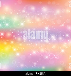 Fairy Baby Girl Background With Rainbow Mesh. Cute Universe Banner In Princess Colors. Fantasy Hologram Gradient Backdrop. Holographic Fairy Template  Stock Vector