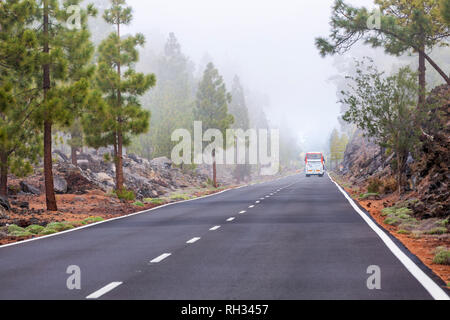Tourist coach trip on the TF38 access road to the Las Canadas del Teide national park, driving through misty cloud which it will pass to come into cle Stock Photo