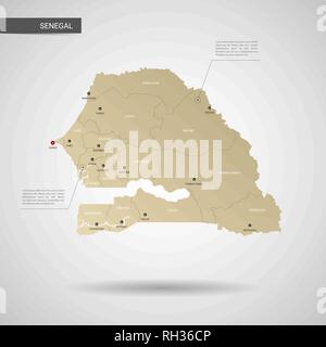 Stylized vector Senegal map.  Infographic 3d gold map illustration with cities, borders, capital, administrative divisions and pointer marks, shadow;  Stock Vector