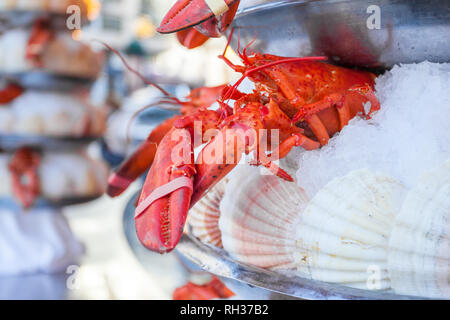 Outdoor Fish Market with Crab and Shrimp on ice, Paris, France. Stock Photo